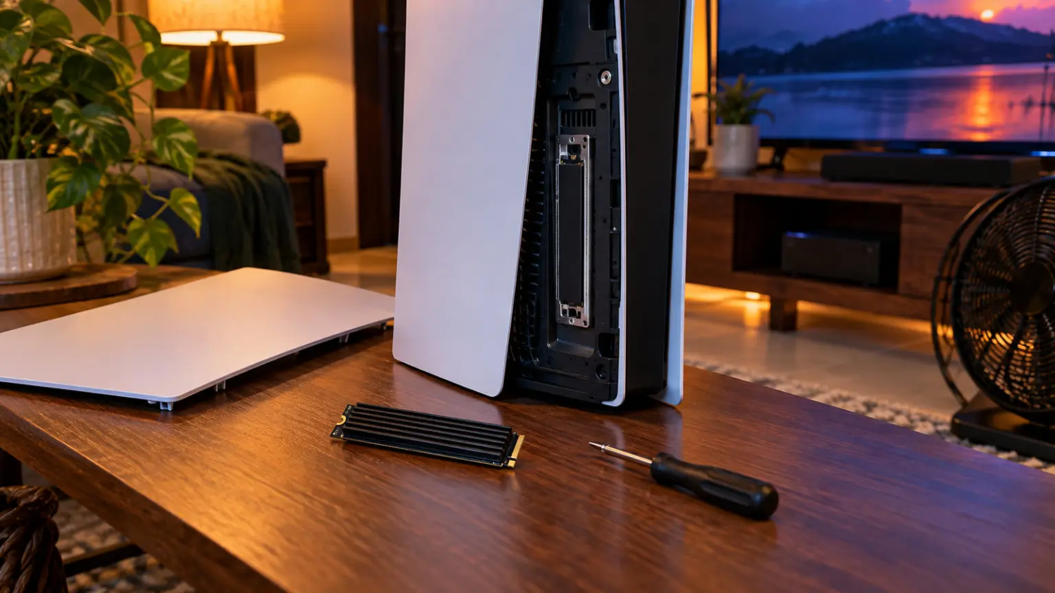 M.2 SSD with a black heatsink beside a white console with its side cover open, showing the storage slot