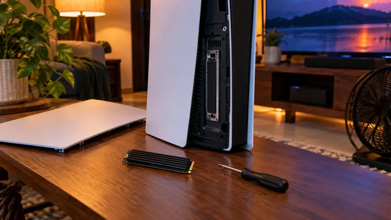 M.2 SSD with a black heatsink beside a white console with its side cover open, showing the storage slot