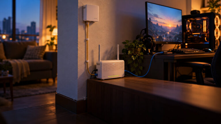 White fibre broadband box on a wall feeding a modem, with a blue cable running to a gaming desk