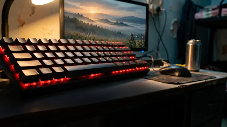 Close view of a red backlit budget mechanical keyboard on a hostel desk with a monitor behind