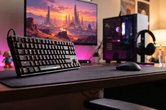 Compact black keyboard angled on a wide desk mat with a mouse far to the right for low sensitivity aim