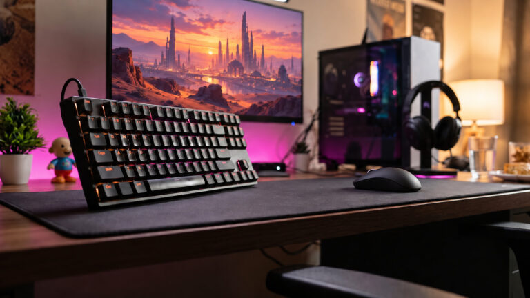 Compact black keyboard angled on a wide desk mat with a mouse far to the right for low sensitivity aim