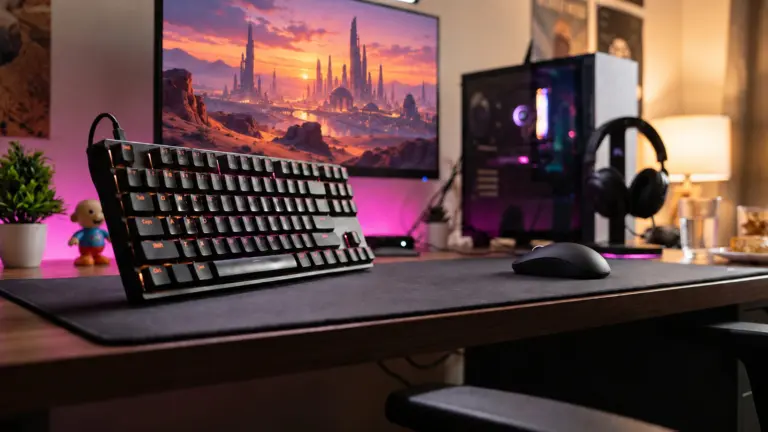 Compact black keyboard angled on a wide desk mat with a mouse far to the right for low sensitivity aim