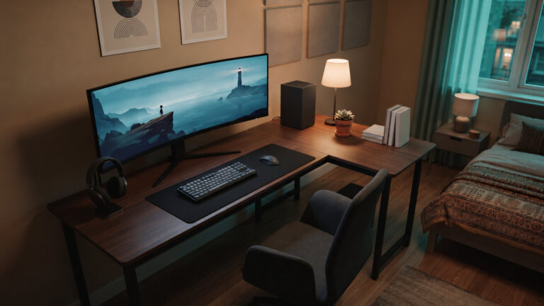 L shape gaming desk filling a bedroom corner, monitor on one arm and a console on the other