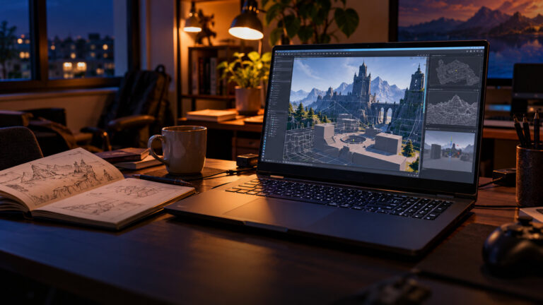 Grey gaming laptop showing a 3D level editor viewport on a home office desk with a sketchbook at night