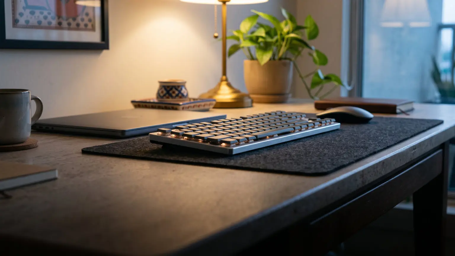 Slim low profile aluminium keyboard seen from the side next to a thin laptop on a console table