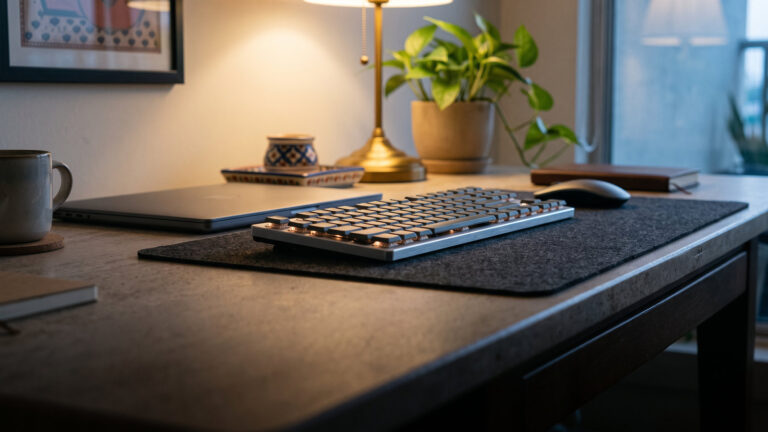 Slim low profile aluminium keyboard seen from the side next to a thin laptop on a console table