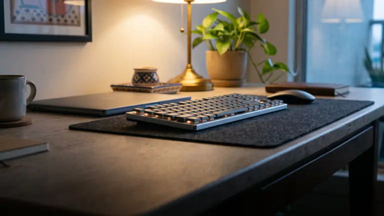 Slim low profile aluminium keyboard seen from the side next to a thin laptop on a console table