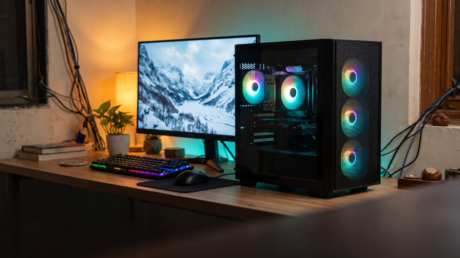 Compact micro ATX PC cabinet with ARGB fans on a desk beside a monitor