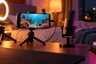 Smartphone on a small tripod with a clip on lapel mic and a compact USB mic on a bedside table