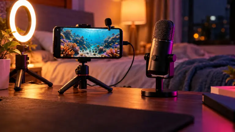 Smartphone on a small tripod with a clip on lapel mic and a compact USB mic on a bedside table