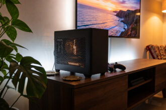 Tiny shoebox sized mini ITX PC case on a living room TV console