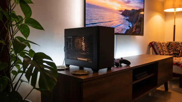 Tiny shoebox sized mini ITX PC case on a living room TV console
