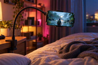 Gooseneck phone holder clamped to a bedside table holding a phone in landscape over a bed