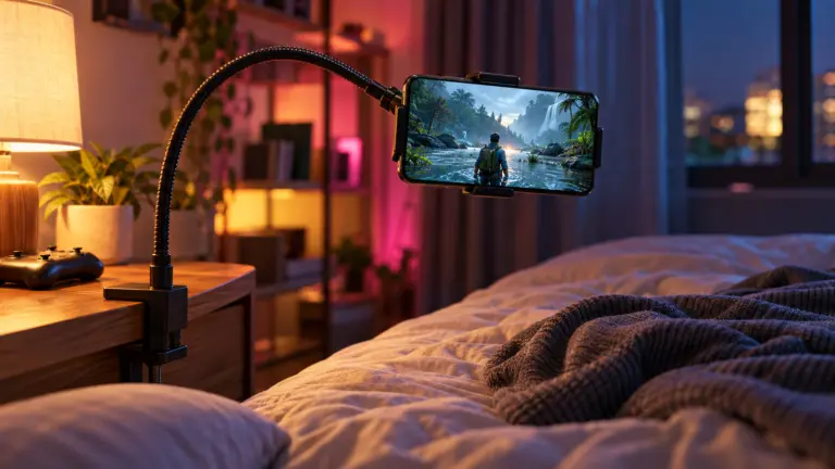 Gooseneck phone holder clamped to a bedside table holding a phone in landscape over a bed