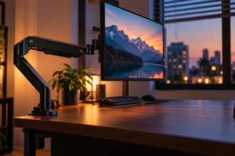 Monitor floating on a black gas spring arm clamped to the edge of a clean desk at dusk