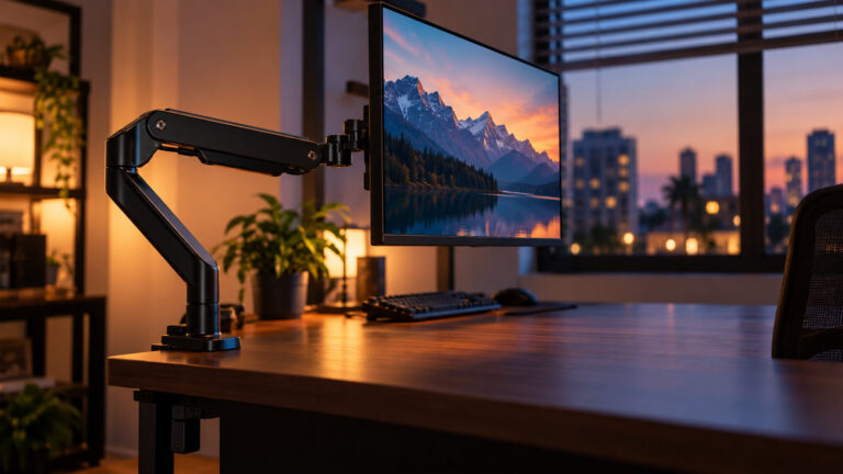 Monitor floating on a black gas spring arm clamped to the edge of a clean desk at dusk