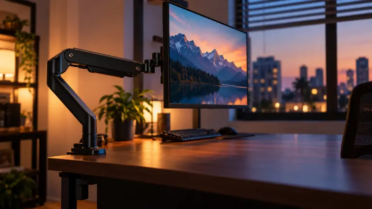 Monitor floating on a black gas spring arm clamped to the edge of a clean desk at dusk