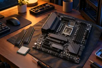 Micro ATX motherboard with an open CPU socket on an anti static mat, processor and RAM beside it