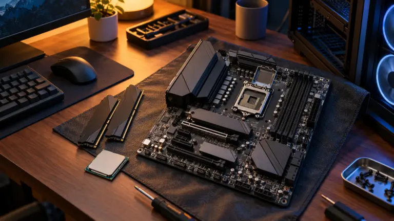 Micro ATX motherboard with an open CPU socket on an anti static mat, processor and RAM beside it