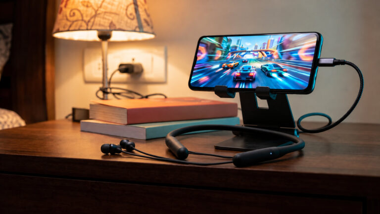 Bluetooth neckband earphones draped over a phone stand holding a phone in landscape on a bedside table