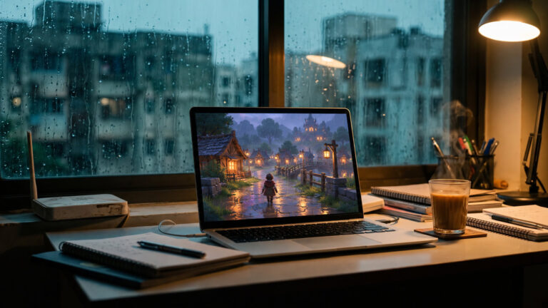 Laptop showing a hand painted village adventure game by a rainy window with the wifi router switched off