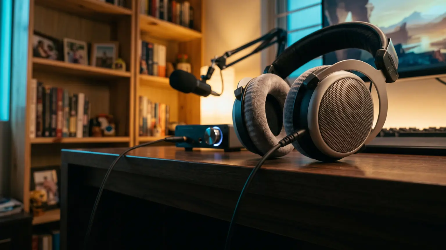 Best Open-Back Headphones for Gaming in India (2026) 17 Open back headphones with metal mesh grille earcups beside a separate desk microphone on a study desk