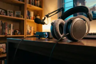 Open back headphones with metal mesh grille earcups beside a separate desk microphone on a study desk