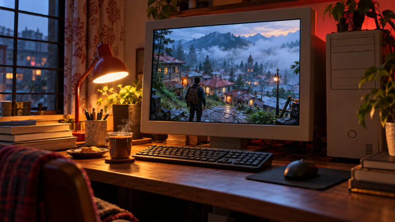 Old boxy monitor on a small family desktop showing a misty hill station game, chai beside it