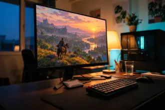 Monitor showing an open world game with a rider above a river valley, a small portable SSD in front