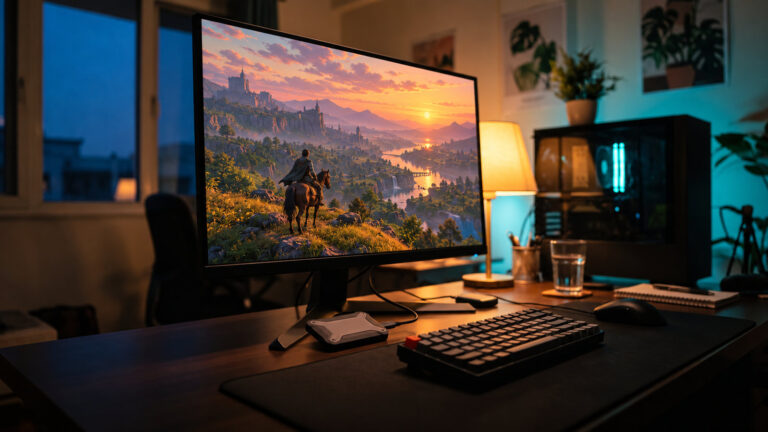 Monitor showing an open world game with a rider above a river valley, a small portable SSD in front