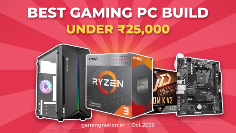 Best PC build under 25000: Ryzen 3 3200G, Gigabyte A520M K V2 board and Zebronics Zium cabinet on a GamingNation banner
