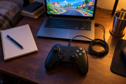 Simple black wired gamepad plugged into an older laptop on a study table at night