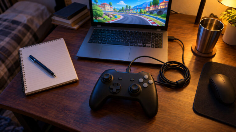Simple black wired gamepad plugged into an older laptop on a study table at night