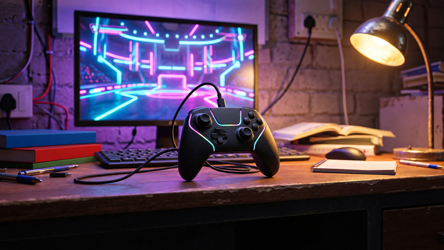 Black wired gamepad with RGB lighting and a braided cable on a hostel desk at night