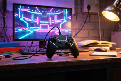 Black wired gamepad with RGB lighting and a braided cable on a hostel desk at night
