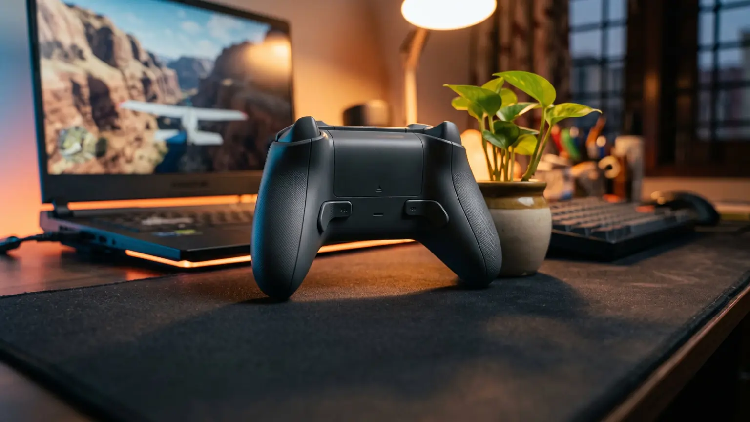 Dark grey gamepad tilted to show rear paddles in front of a gaming laptop on a wooden desk