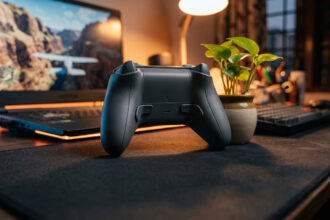 Dark grey gamepad tilted to show rear paddles in front of a gaming laptop on a wooden desk