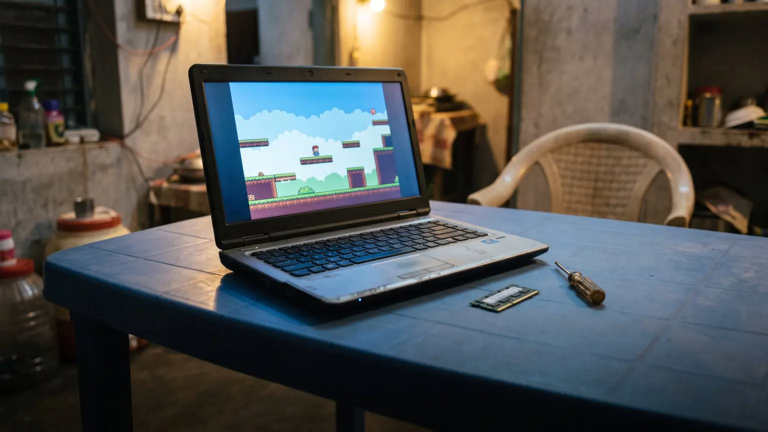 Old budget laptop showing a pixel platformer with a laptop RAM stick and screwdriver beside it