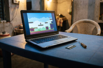 Old budget laptop showing a pixel platformer with a laptop RAM stick and screwdriver beside it