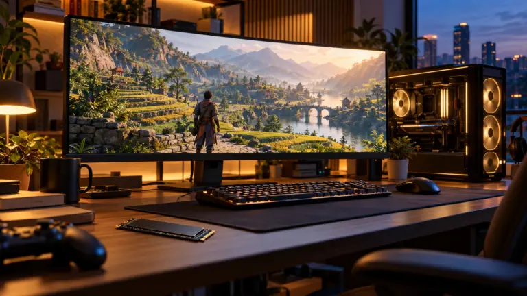 Ultrawide monitor showing a terraced valley game beside a glass PC tower, SSD on the desk