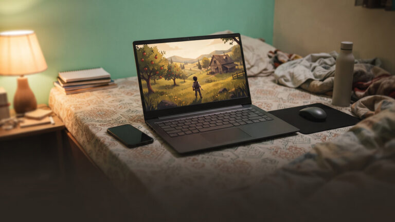 Thin budget laptop on a floor mattress showing a hillside orchard game, phone hotspot beside it