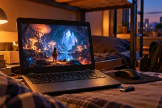 Small old netbook on a hostel bunk showing a glowing mushroom cave game, pen drive beside it