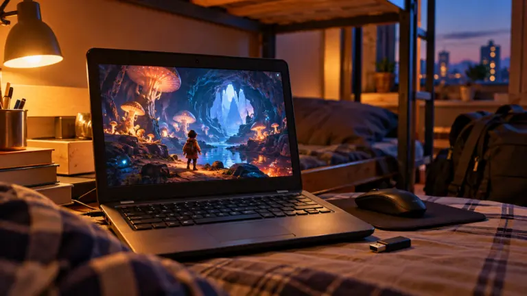 Small old netbook on a hostel bunk showing a glowing mushroom cave game, pen drive beside it