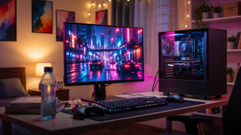 Mid range gaming PC with a glass side panel and a monitor showing a neon night city chase