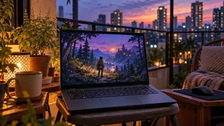 Budget laptop on a balcony stool at dusk showing a hand drawn forest game, city lights behind