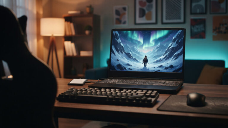 Gaming laptop showing a snowy mountain pass game, seen from behind a chair, external SSD beside it