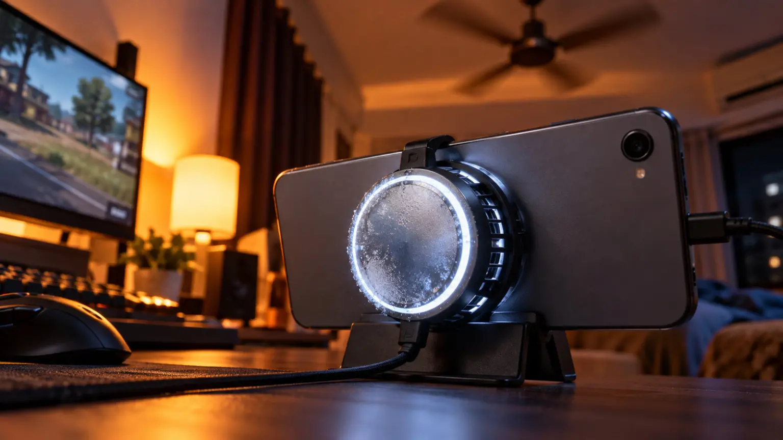 Best Phone Cooler for BGMI India 2026: Stop Thermal Throttling 15 Magnetic phone cooler with a glowing ring clipped to a phone propped in landscape on a stand