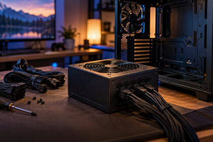Black modular power supply with sleeved cables plugged in beside an open empty PC case on a workbench