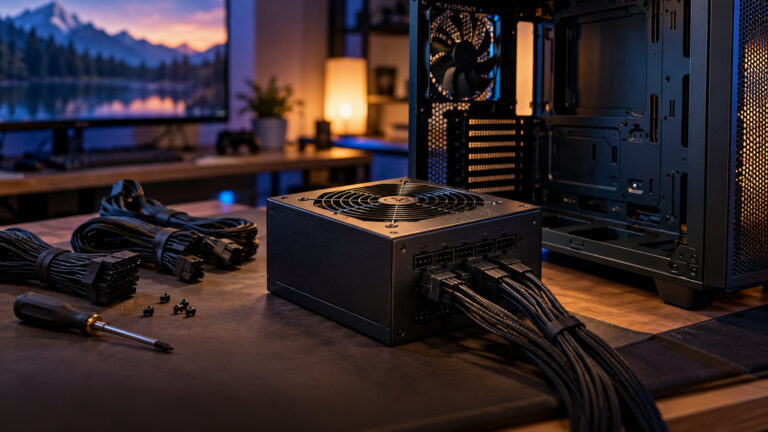 Black modular power supply with sleeved cables plugged in beside an open empty PC case on a workbench